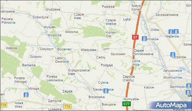 mapa Celiny gmina Iwanowice, Celiny gmina Iwanowice na mapie Targeo