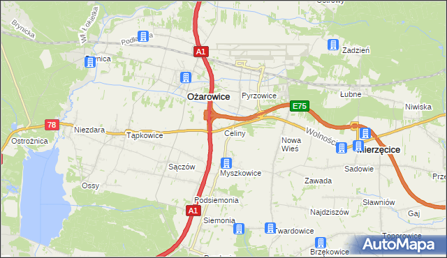 mapa Celiny gmina Ożarowice, Celiny gmina Ożarowice na mapie Targeo