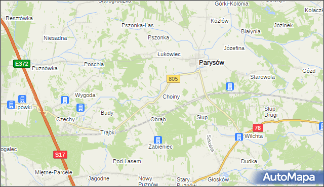 mapa Choiny gmina Parysów, Choiny gmina Parysów na mapie Targeo