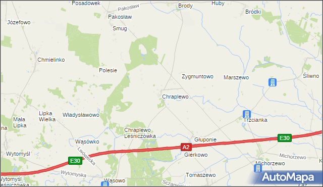 mapa Chraplewo gmina Kuślin, Chraplewo gmina Kuślin na mapie Targeo