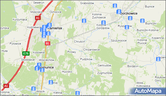 mapa Chrzanowice gmina Gomunice, Chrzanowice gmina Gomunice na mapie Targeo
