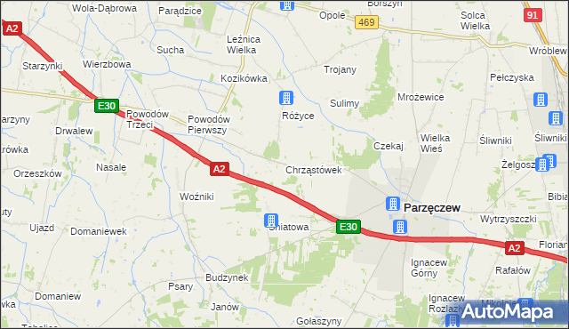 mapa Chrząstówek gmina Parzęczew, Chrząstówek gmina Parzęczew na mapie Targeo