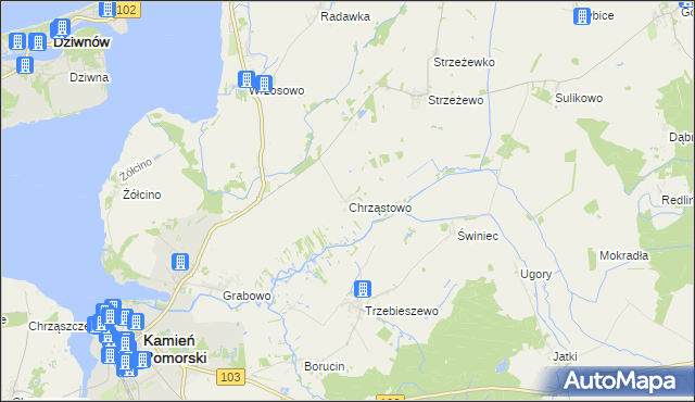 mapa Chrząstowo gmina Kamień Pomorski, Chrząstowo gmina Kamień Pomorski na mapie Targeo