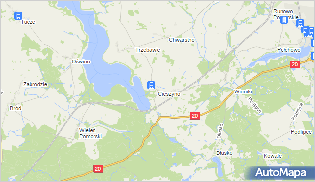 mapa Cieszyno gmina Węgorzyno, Cieszyno gmina Węgorzyno na mapie Targeo