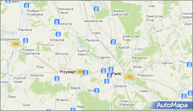 mapa Cyganka gmina Panki, Cyganka gmina Panki na mapie Targeo