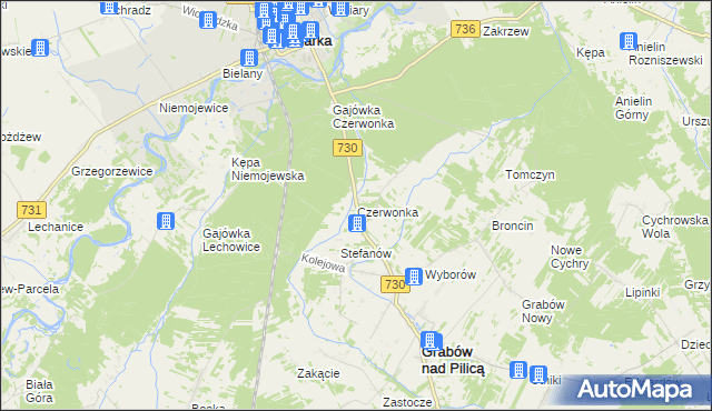 mapa Czerwonka gmina Grabów nad Pilicą, Czerwonka gmina Grabów nad Pilicą na mapie Targeo