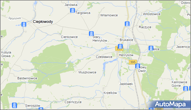 mapa Czesławice gmina Ciepłowody, Czesławice gmina Ciepłowody na mapie Targeo