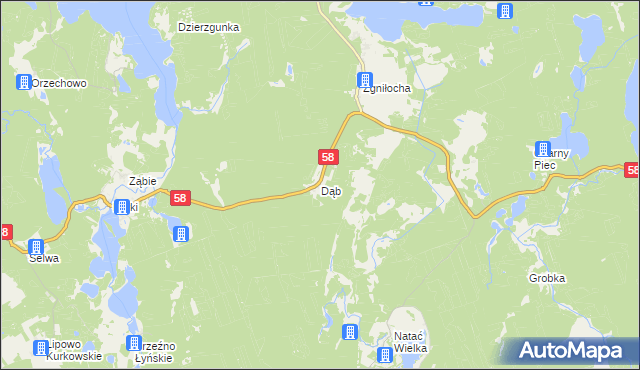 mapa Dąb gmina Olsztynek, Dąb gmina Olsztynek na mapie Targeo