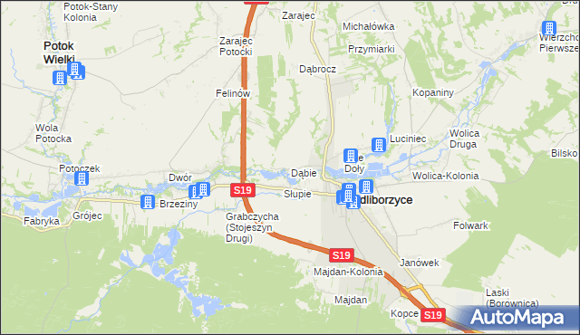 mapa Dąbie gmina Modliborzyce, Dąbie gmina Modliborzyce na mapie Targeo