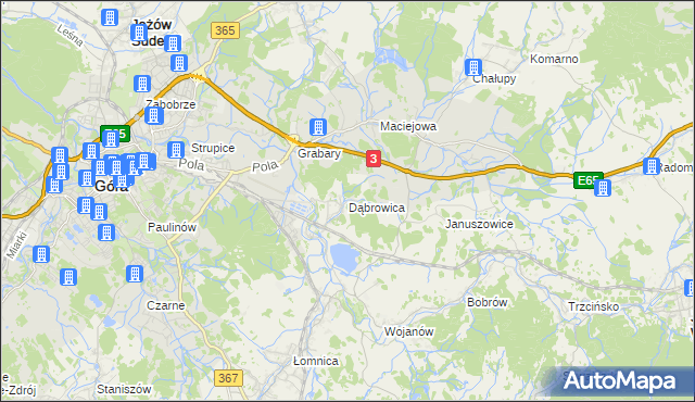 mapa Dąbrowica gmina Mysłakowice, Dąbrowica gmina Mysłakowice na mapie Targeo