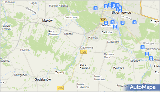 mapa Dąbrowice gmina Maków, Dąbrowice gmina Maków na mapie Targeo