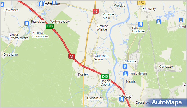 mapa Dąbrówka Górna gmina Krapkowice, Dąbrówka Górna gmina Krapkowice na mapie Targeo