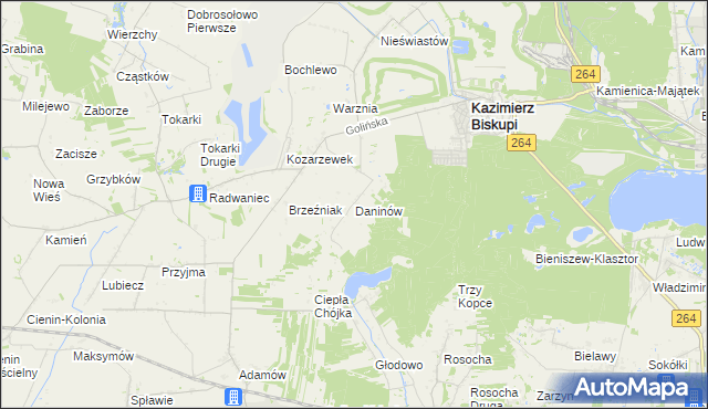 mapa Daninów gmina Kazimierz Biskupi, Daninów gmina Kazimierz Biskupi na mapie Targeo