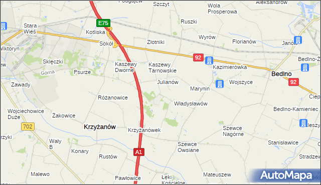 mapa Daninów gmina Krzyżanów, Daninów gmina Krzyżanów na mapie Targeo