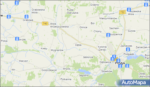 mapa Dęba gmina Przytyk, Dęba gmina Przytyk na mapie Targeo