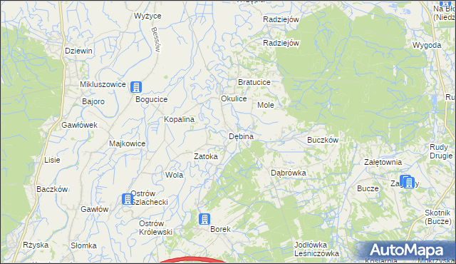 mapa Dębina gmina Rzezawa, Dębina gmina Rzezawa na mapie Targeo
