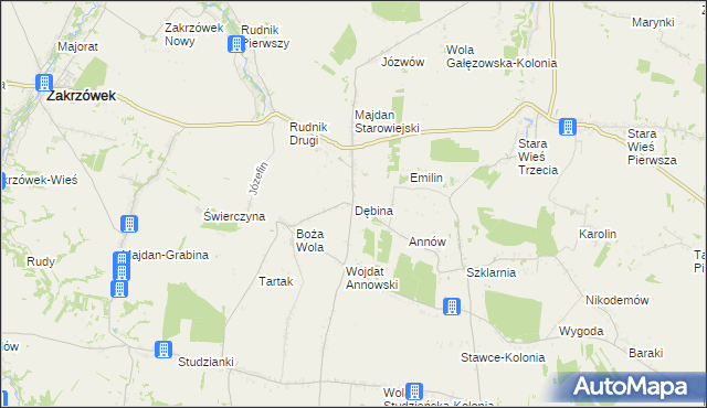 mapa Dębina gmina Zakrzew, Dębina gmina Zakrzew na mapie Targeo