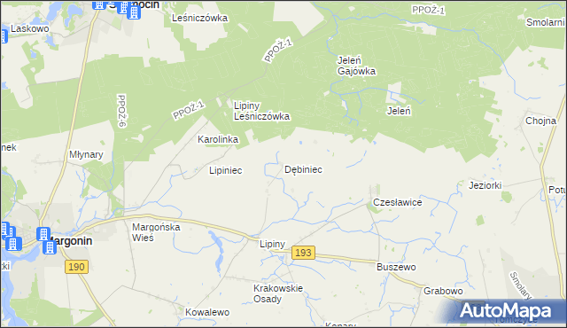mapa Dębiniec gmina Margonin, Dębiniec gmina Margonin na mapie Targeo