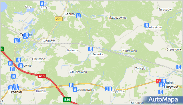 mapa Dębinka gmina Trzebiel, Dębinka gmina Trzebiel na mapie Targeo