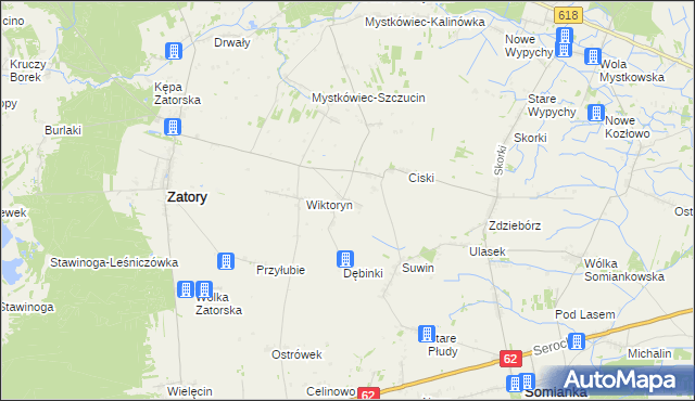 mapa Dębiny gmina Zatory, Dębiny gmina Zatory na mapie Targeo