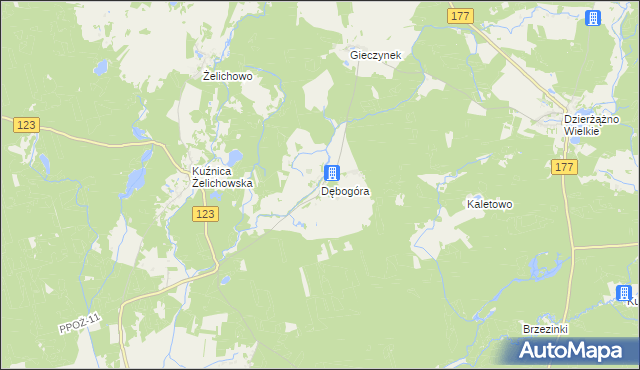 mapa Dębogóra gmina Wieleń, Dębogóra gmina Wieleń na mapie Targeo