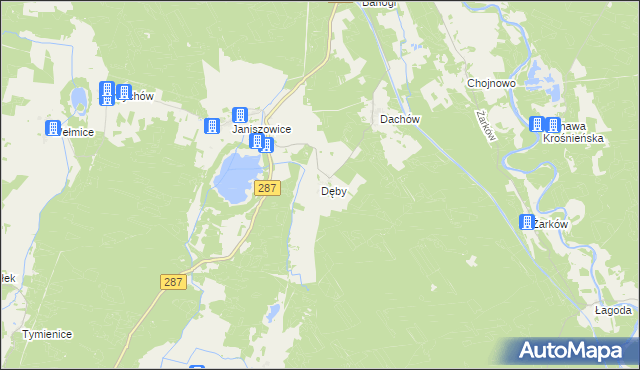 mapa Dęby gmina Bobrowice, Dęby gmina Bobrowice na mapie Targeo