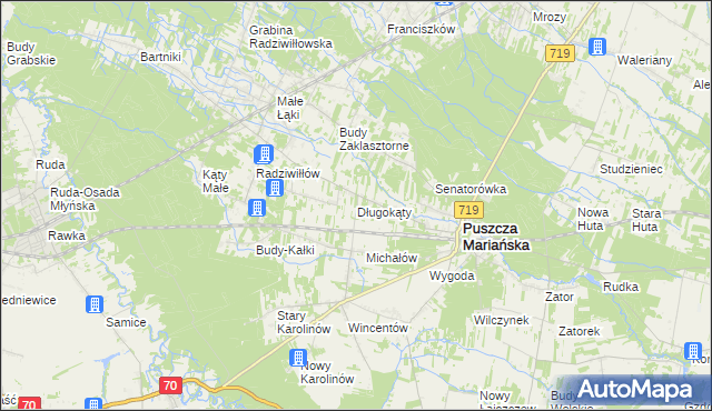 mapa Długokąty gmina Puszcza Mariańska, Długokąty gmina Puszcza Mariańska na mapie Targeo
