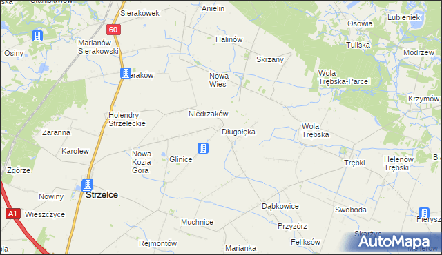 mapa Długołęka gmina Strzelce, Długołęka gmina Strzelce na mapie Targeo