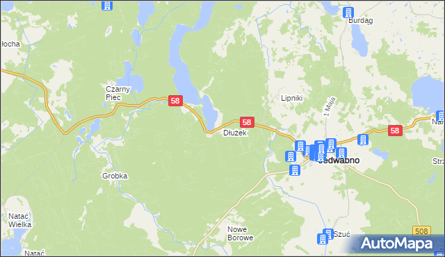 mapa Dłużek gmina Jedwabno, Dłużek gmina Jedwabno na mapie Targeo
