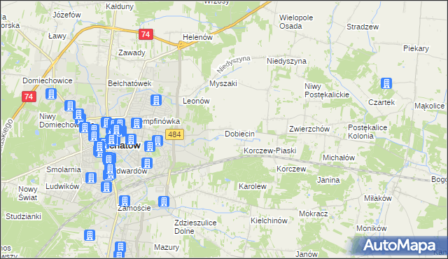 mapa Dobiecin gmina Bełchatów, Dobiecin gmina Bełchatów na mapie Targeo