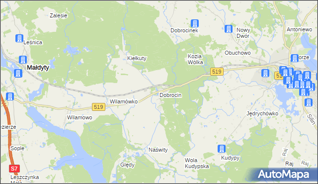 mapa Dobrocin gmina Małdyty, Dobrocin gmina Małdyty na mapie Targeo