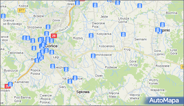 mapa Dominikowice gmina Gorlice, Dominikowice gmina Gorlice na mapie Targeo
