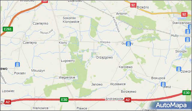 mapa Drzązgowo gmina Kostrzyn, Drzązgowo gmina Kostrzyn na mapie Targeo