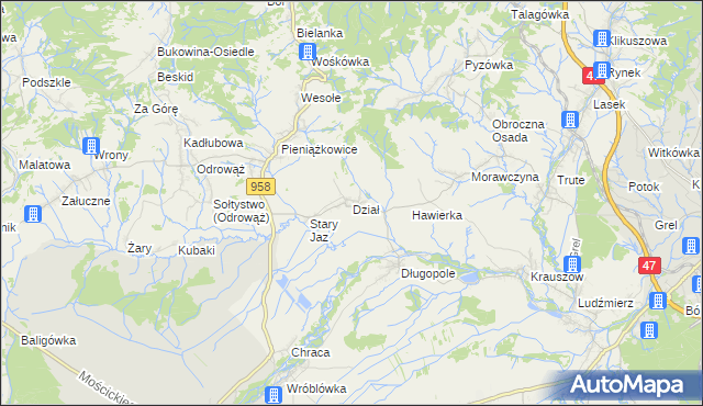 mapa Dział gmina Czarny Dunajec, Dział gmina Czarny Dunajec na mapie Targeo