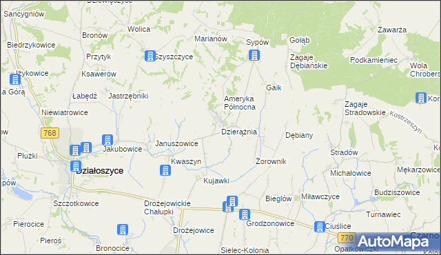 mapa Dzierążnia gmina Działoszyce, Dzierążnia gmina Działoszyce na mapie Targeo