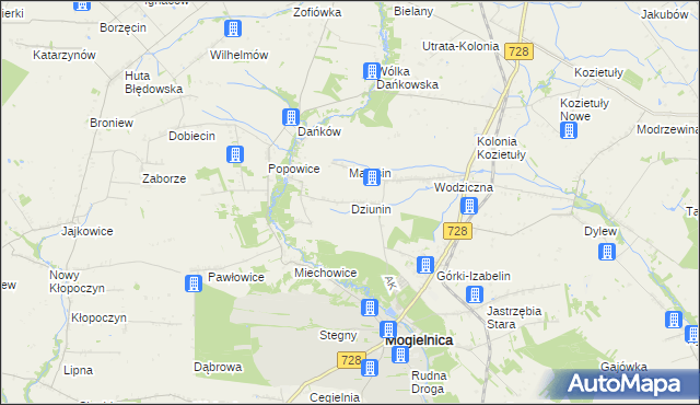 mapa Dziunin gmina Mogielnica, Dziunin gmina Mogielnica na mapie Targeo
