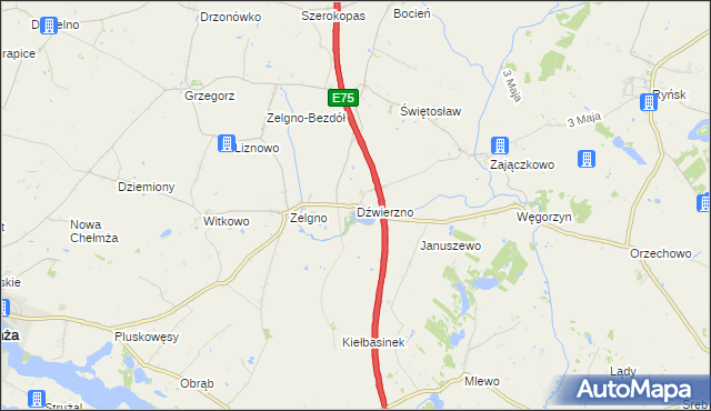 mapa Dźwierzno gmina Chełmża, Dźwierzno gmina Chełmża na mapie Targeo