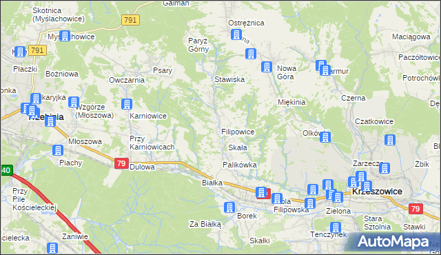 mapa Filipowice gmina Krzeszowice, Filipowice gmina Krzeszowice na mapie Targeo