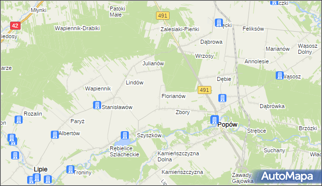 mapa Florianów gmina Popów, Florianów gmina Popów na mapie Targeo