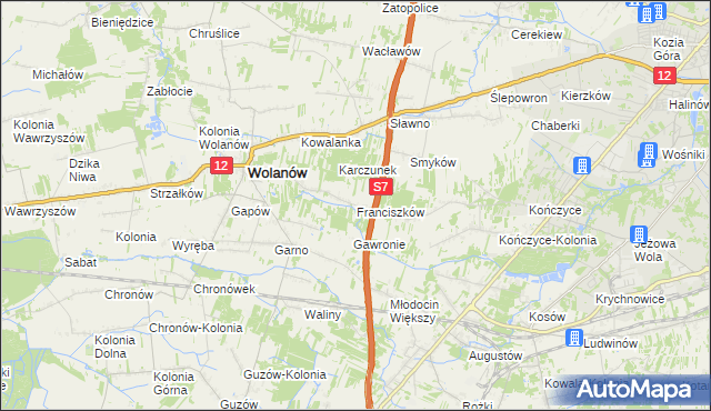 mapa Franciszków gmina Wolanów, Franciszków gmina Wolanów na mapie Targeo