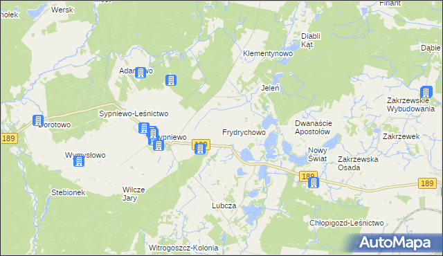 mapa Frydrychowo gmina Więcbork, Frydrychowo gmina Więcbork na mapie Targeo