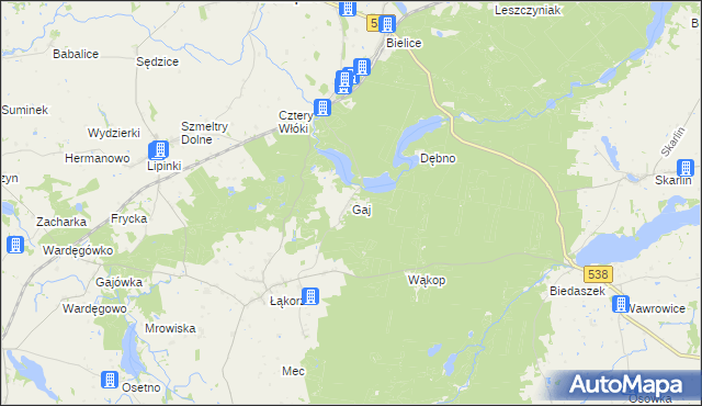 mapa Gaj gmina Biskupiec, Gaj gmina Biskupiec na mapie Targeo