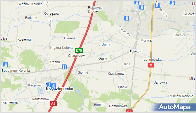 mapa Gąski gmina Wola Krzysztoporska, Gąski gmina Wola Krzysztoporska na mapie Targeo