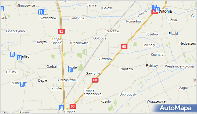 mapa Gawrony gmina Łęczyca, Gawrony gmina Łęczyca na mapie Targeo
