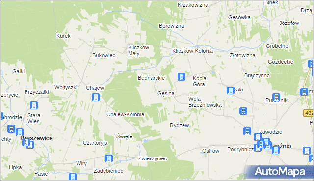 mapa Gęsina gmina Brzeźnio, Gęsina gmina Brzeźnio na mapie Targeo