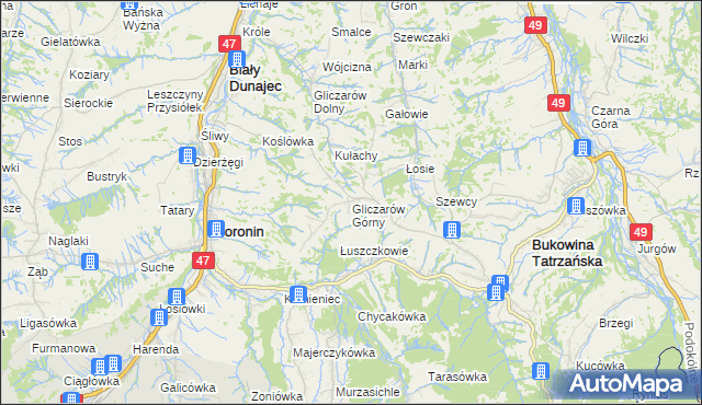 mapa Gliczarów Górny, Gliczarów Górny na mapie Targeo