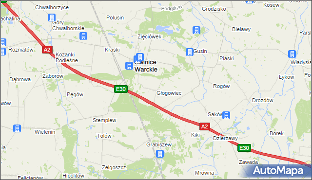 mapa Głogowiec gmina Świnice Warckie, Głogowiec gmina Świnice Warckie na mapie Targeo