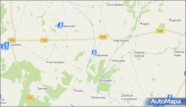 mapa Gołębiewo gmina Kozłowo, Gołębiewo gmina Kozłowo na mapie Targeo