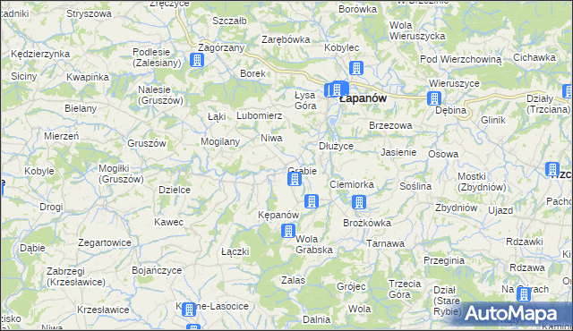 mapa Grabie gmina Łapanów, Grabie gmina Łapanów na mapie Targeo
