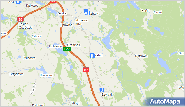 mapa Grabin gmina Ostróda, Grabin gmina Ostróda na mapie Targeo